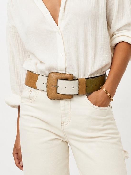 sandy Duftler Accessories - Vintage Sandy Duftler Designs 1999 Wide Leather Statement Belt Tan White Olive